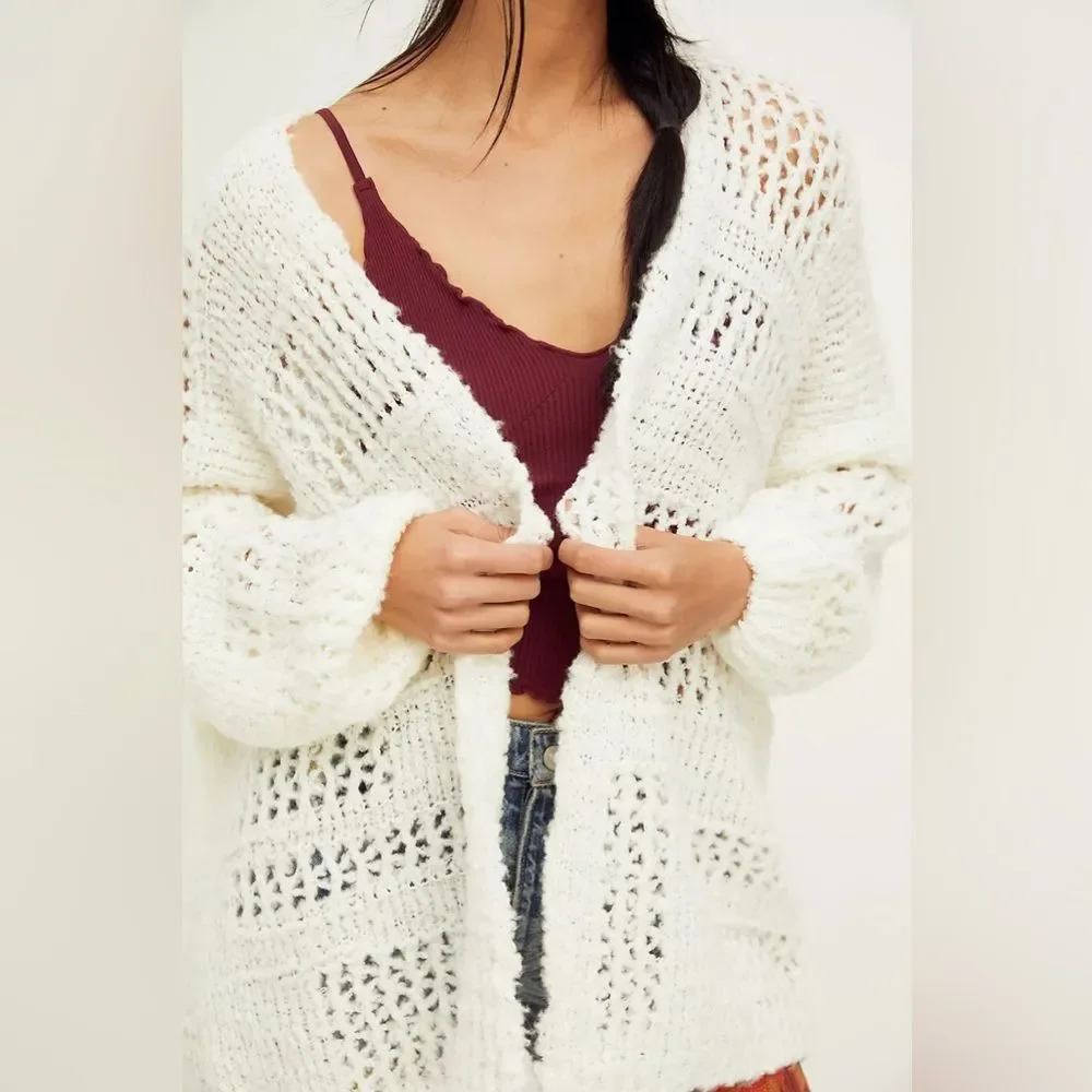 Free People Saturday Morning Cardi in Evening Cream Open-Knit Cardigan Sweater